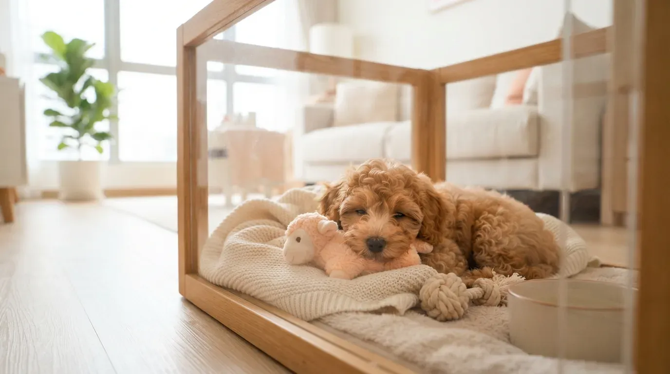 Toy Poodle puppy settling into a set-up playpen during its first week home