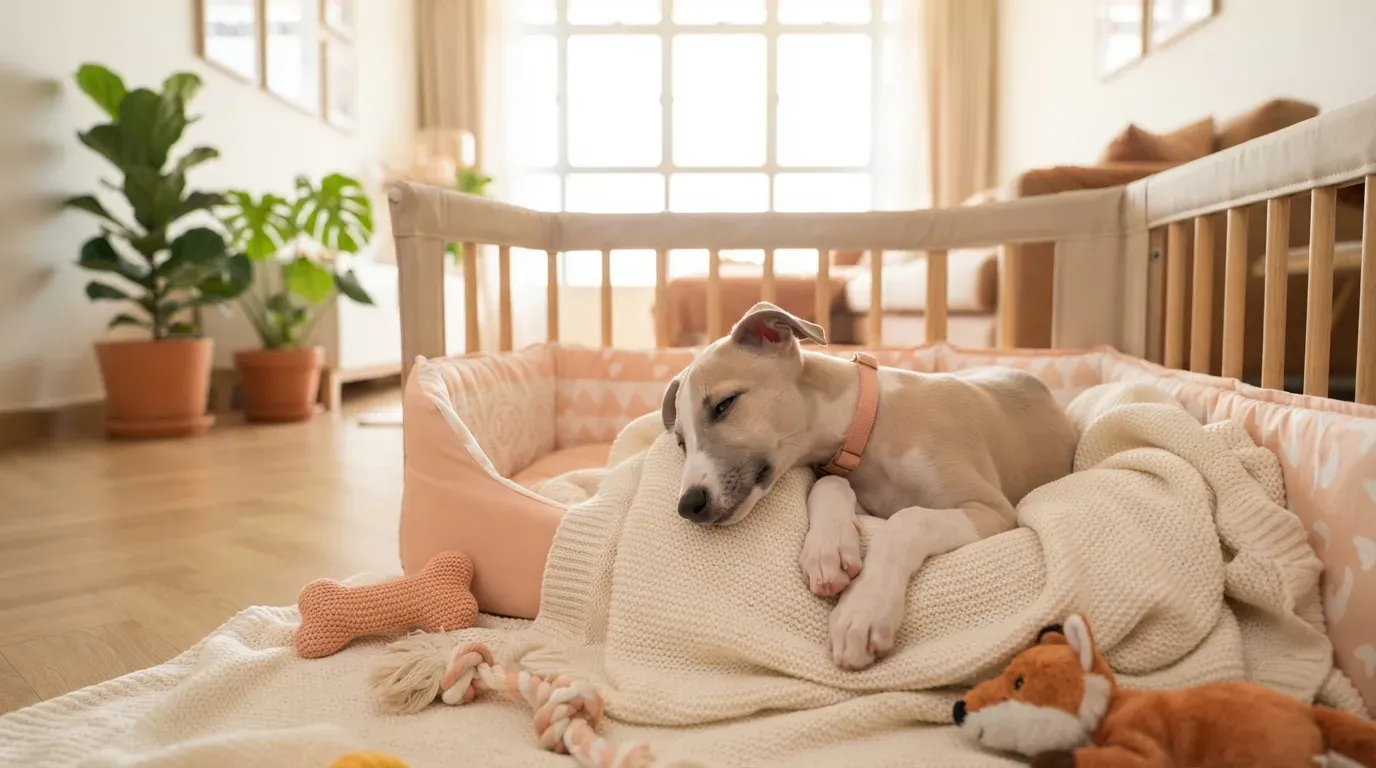 Whippet puppy settling into a set-up playpen during its first week home