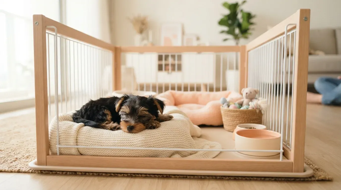 Yorkshire Terrier puppy settling into a set-up playpen during its first week home