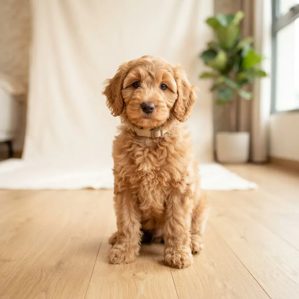 Goldendoodle puppy, a low-shedding golden cross for private housing in Singapore (not HDB-approved)