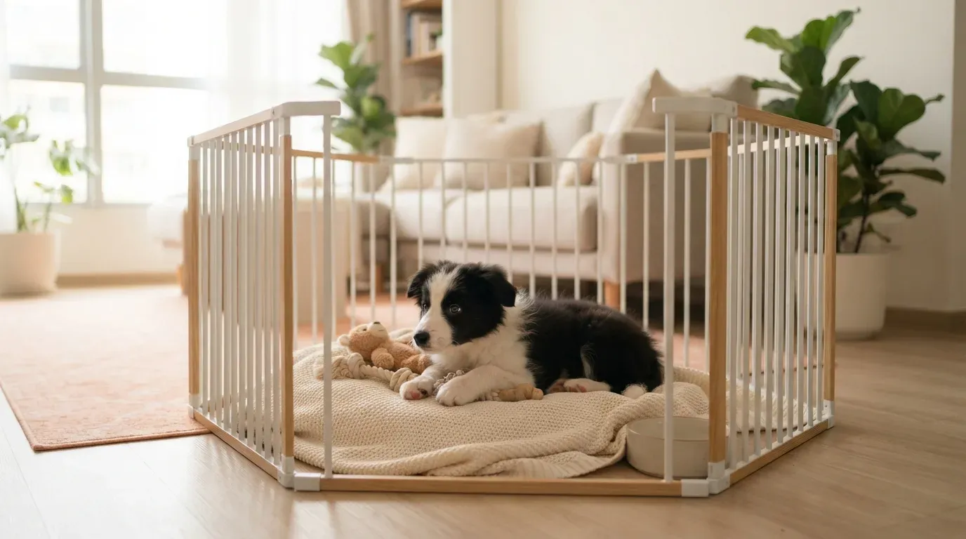 Border Collie puppy settling into a set-up playpen during its first week home