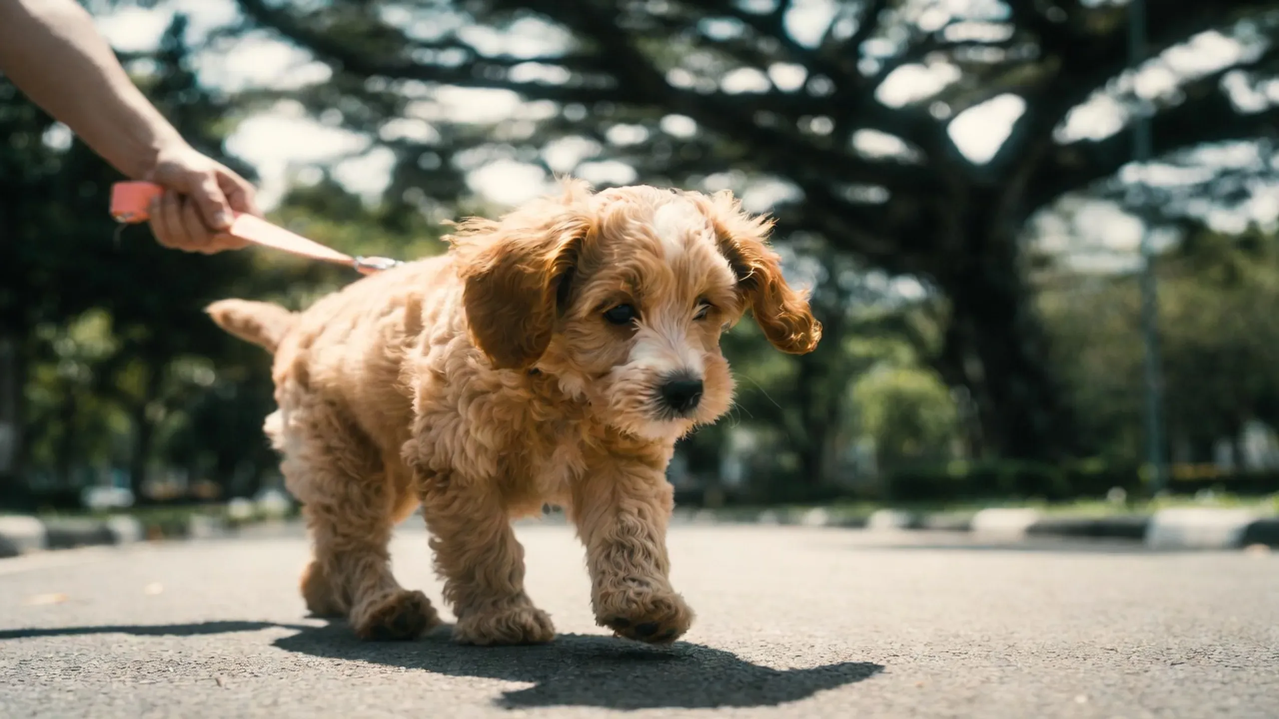 Cavapoo puppy on a shaded morning walk along a Singapore park connector