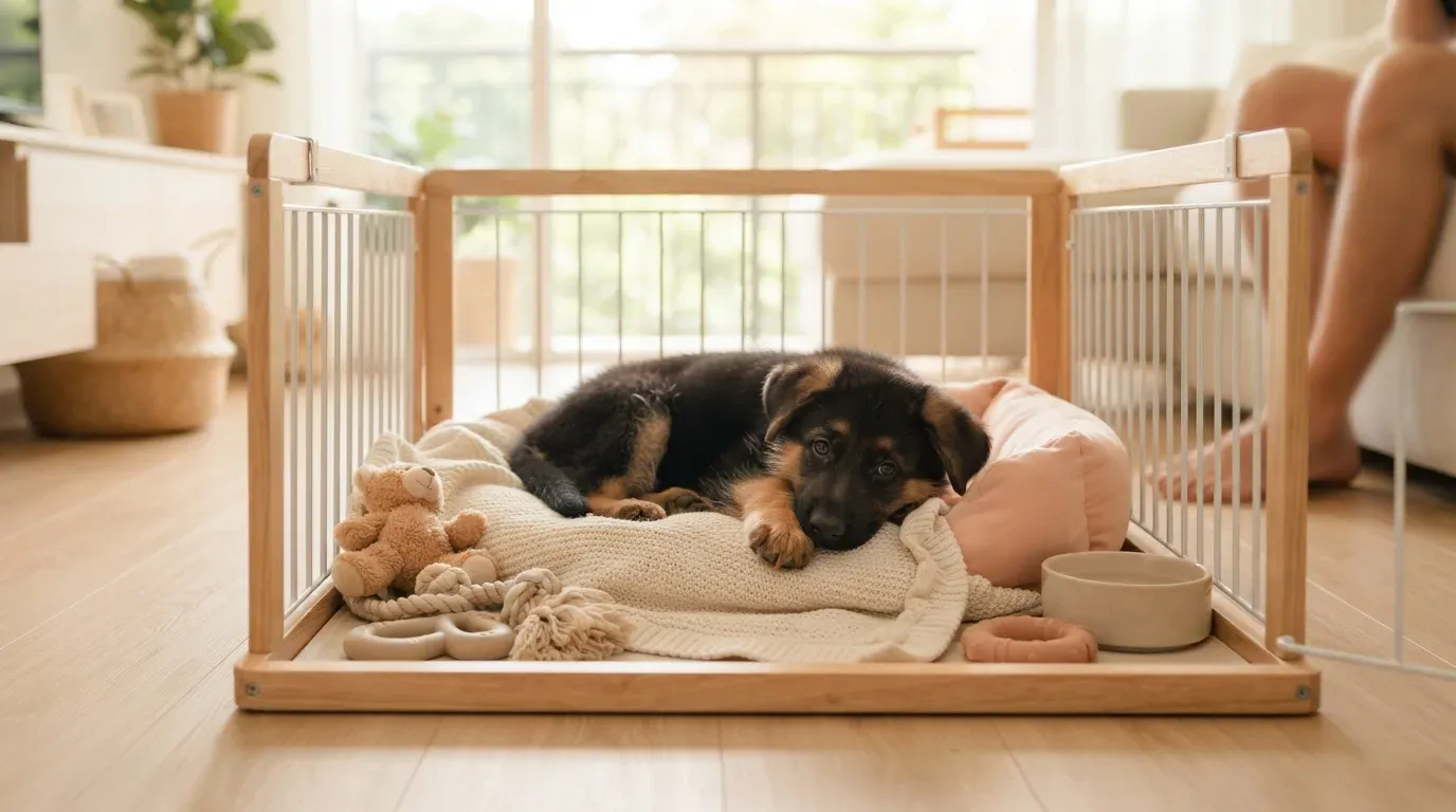 German Shepherd puppy settling into a set-up playpen during its first week home
