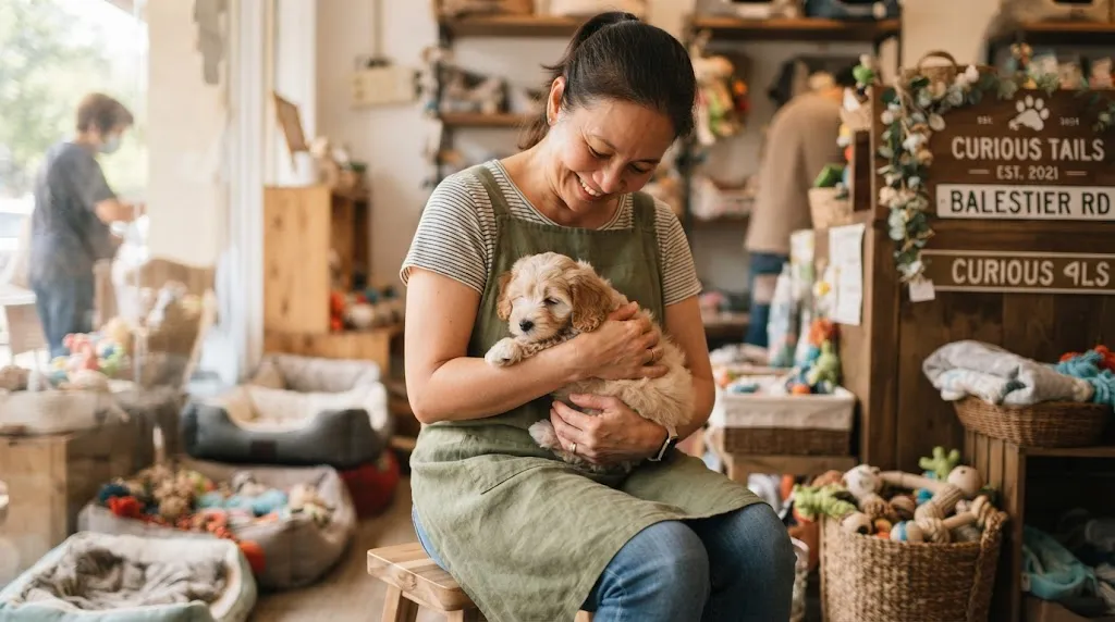 Nelson and Kim checking on a puppy at the shop