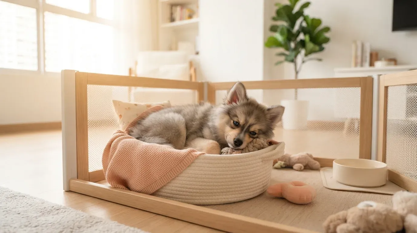 Pomsky puppy settling into a set-up playpen during its first week home