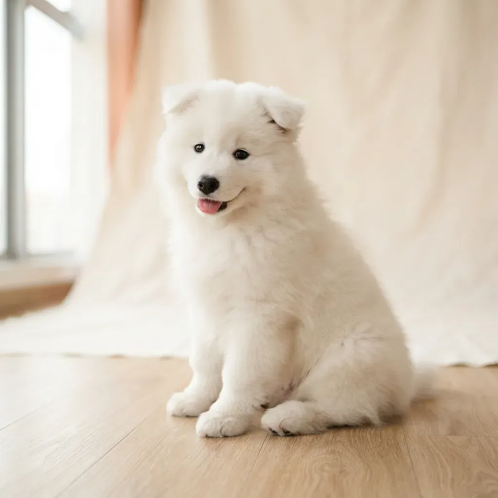Samoyed puppy, a smiling Arctic breed for private housing in Singapore (not HDB-approved)