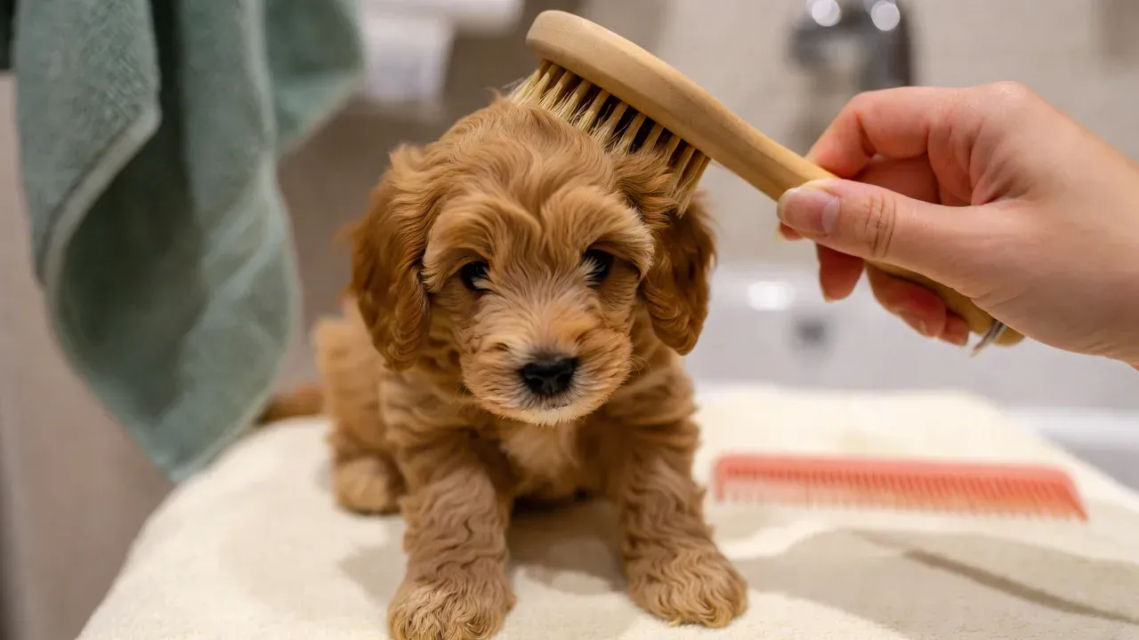 Cavapoo puppy being brushed with grooming tools from the starter kit