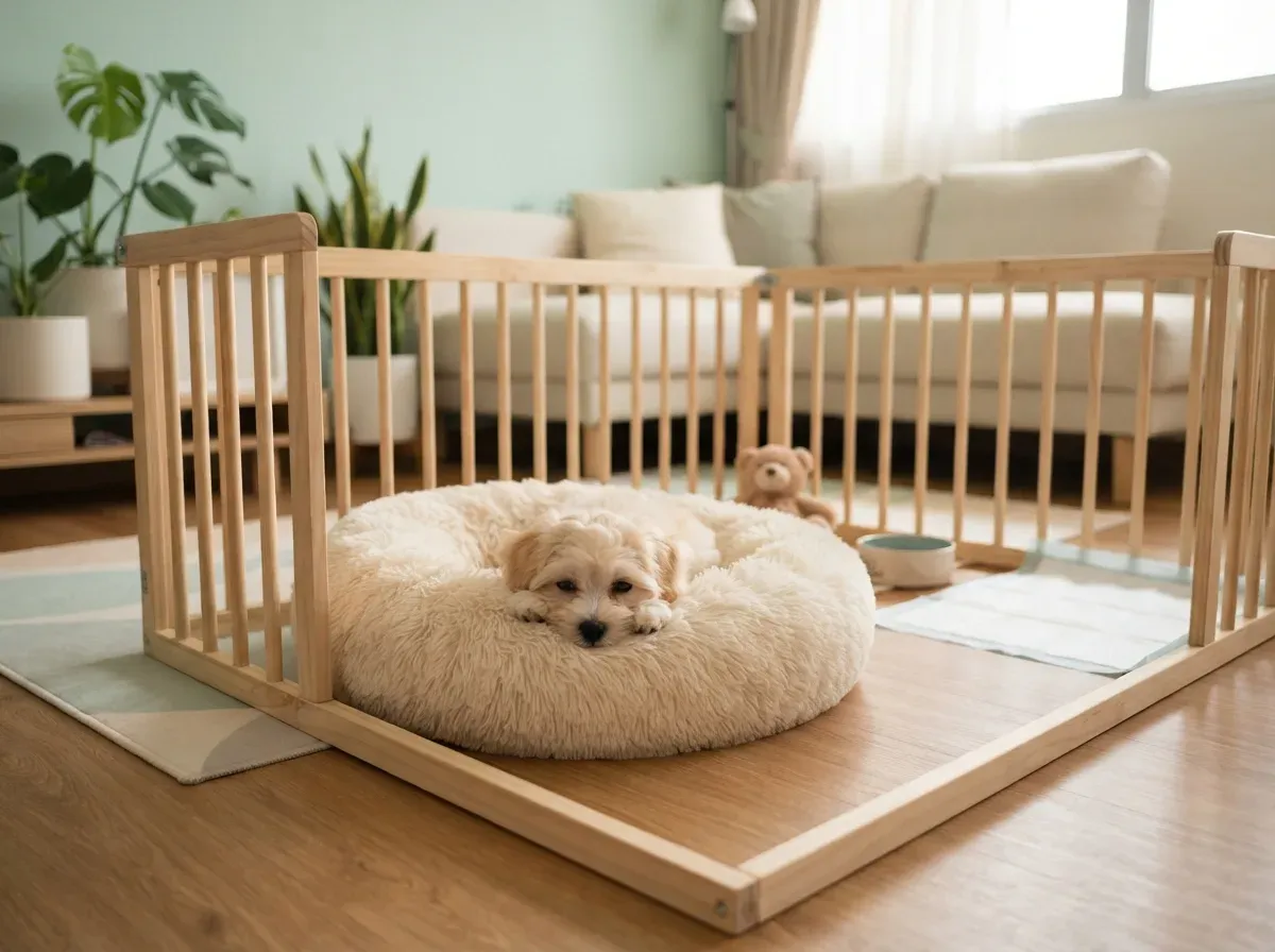 Puppy settling into a pre-set-up playpen on arrival day